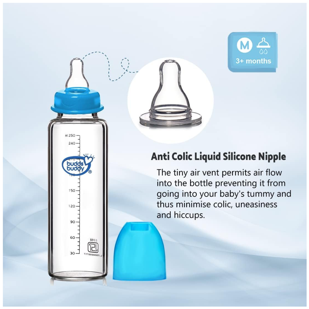 Buddsbuddy Choice+ Lucia Glass Feeding Bottle (250 ml, Blue)