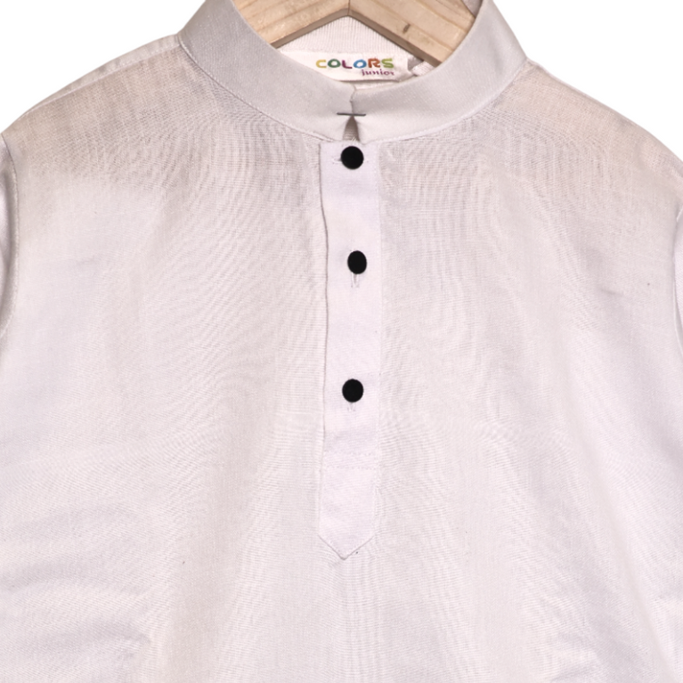Colors Junior- Mandarin Collar Plain White Full Sleeves Regular Kurta Pajama Set