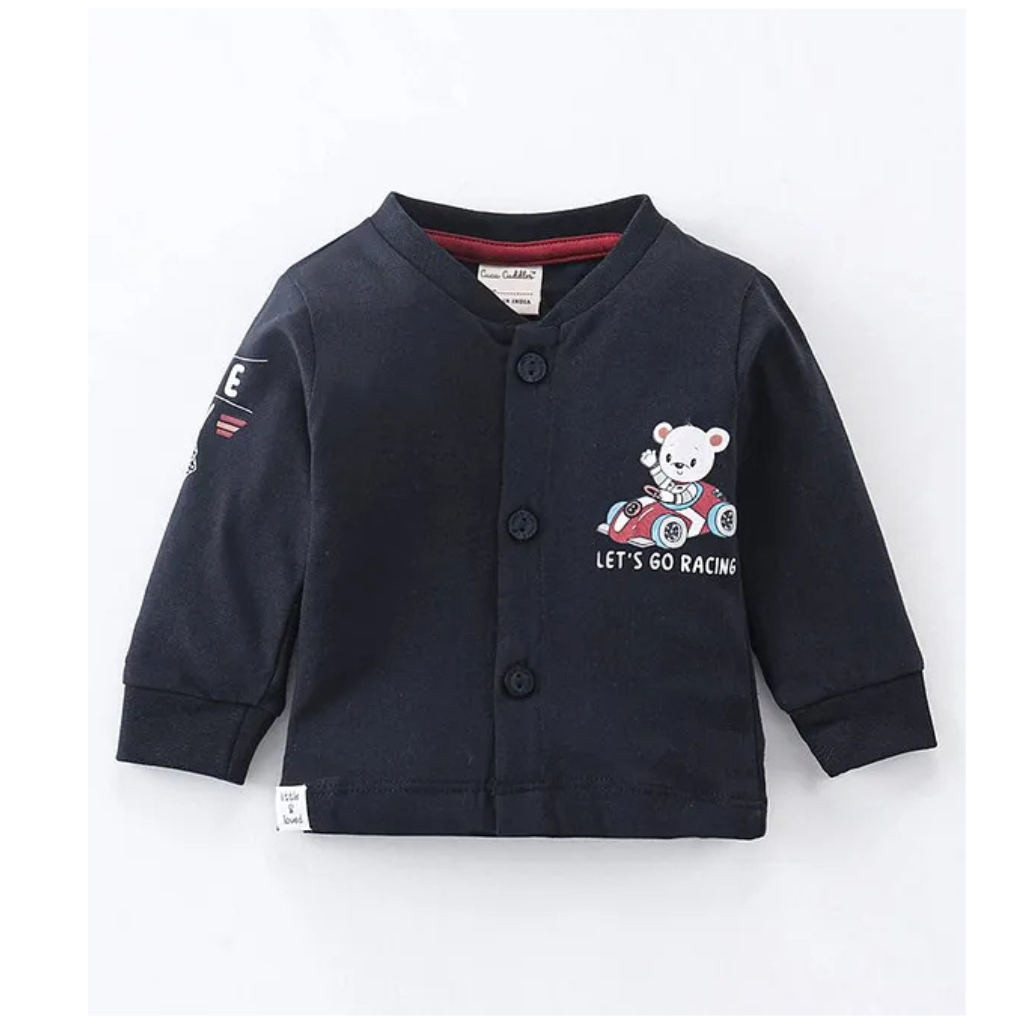 CUCUMBER Sinker Knit Full Sleeves Front Open Night Suit with Character Print