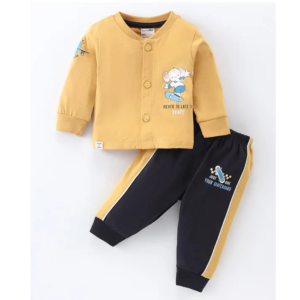 CUCUMBER Sinker Knit Full Sleeves Front Open Night Suit with Character Print