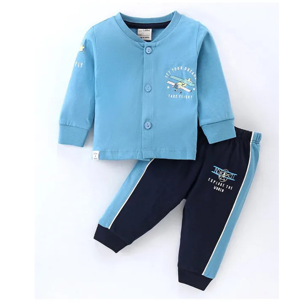 CUCUMBER Sinker Knit Full Sleeves Front Open Night Suit with Character Print