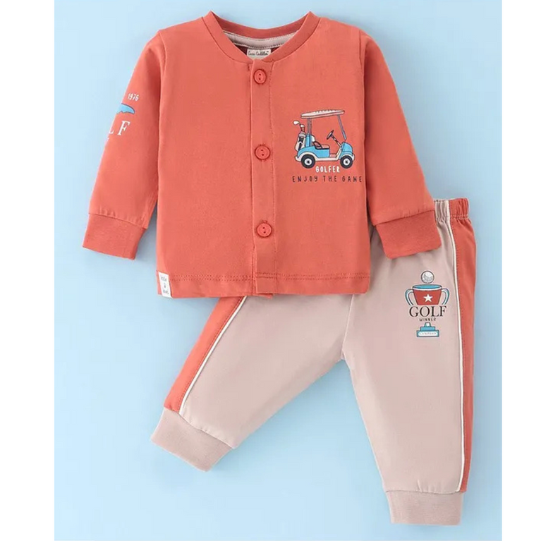 CUCUMBER Sinker Knit Full Sleeves Front Open Night Suit with Character Print