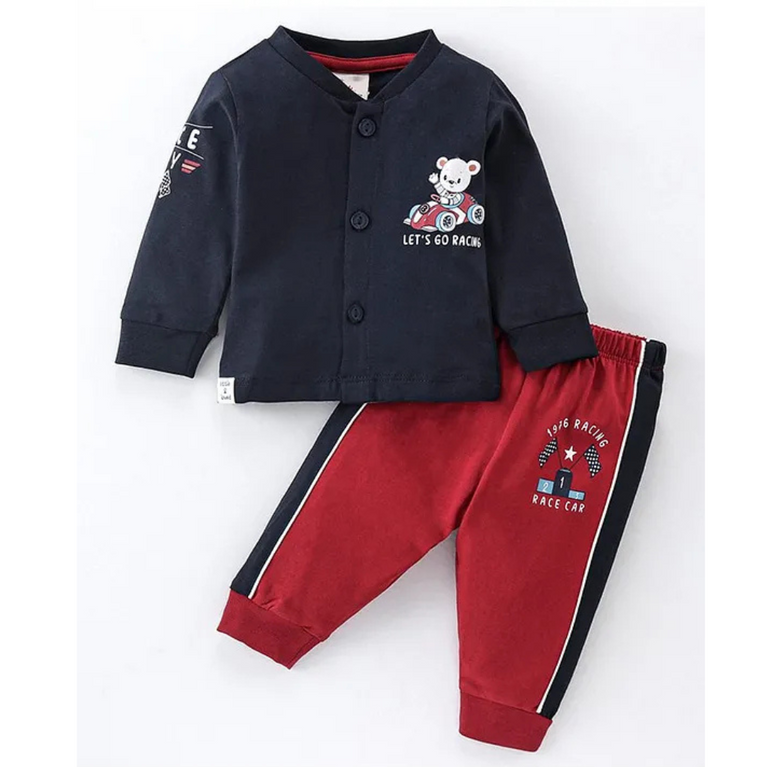 CUCUMBER Sinker Knit Full Sleeves Front Open Night Suit with Character Print