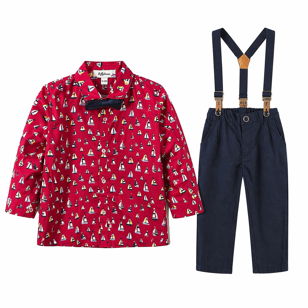 Boys Nautical Print Shirt with Bow Tie & Suspender Pants Set – Stylish Kids Formal Outfit