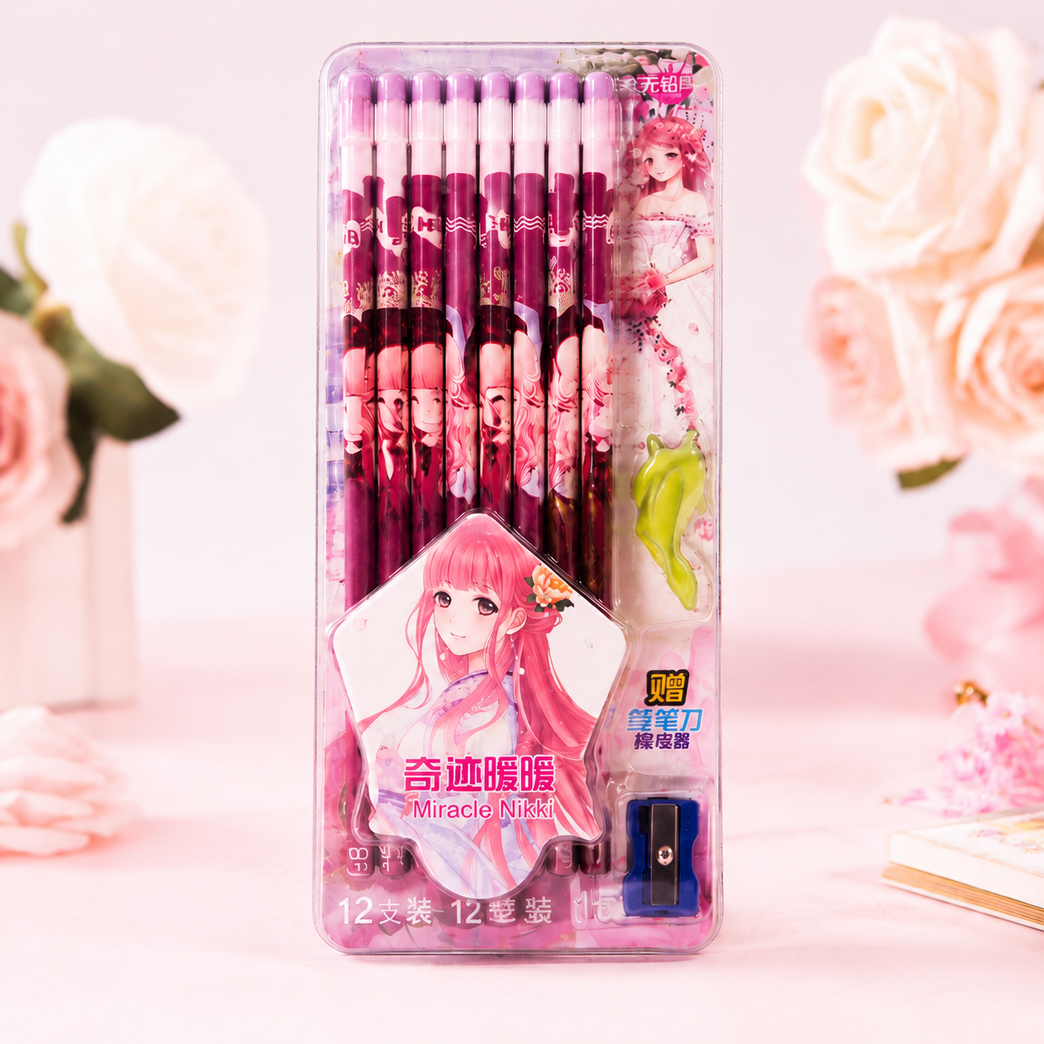 Miracle Nikki Anime Pencil Set for Kids – Pack of 12 Cute Cartoon Pencils with Sharpener & Eraser | Kawaii Stationery Gift Set for Girls | School Supplies Kit