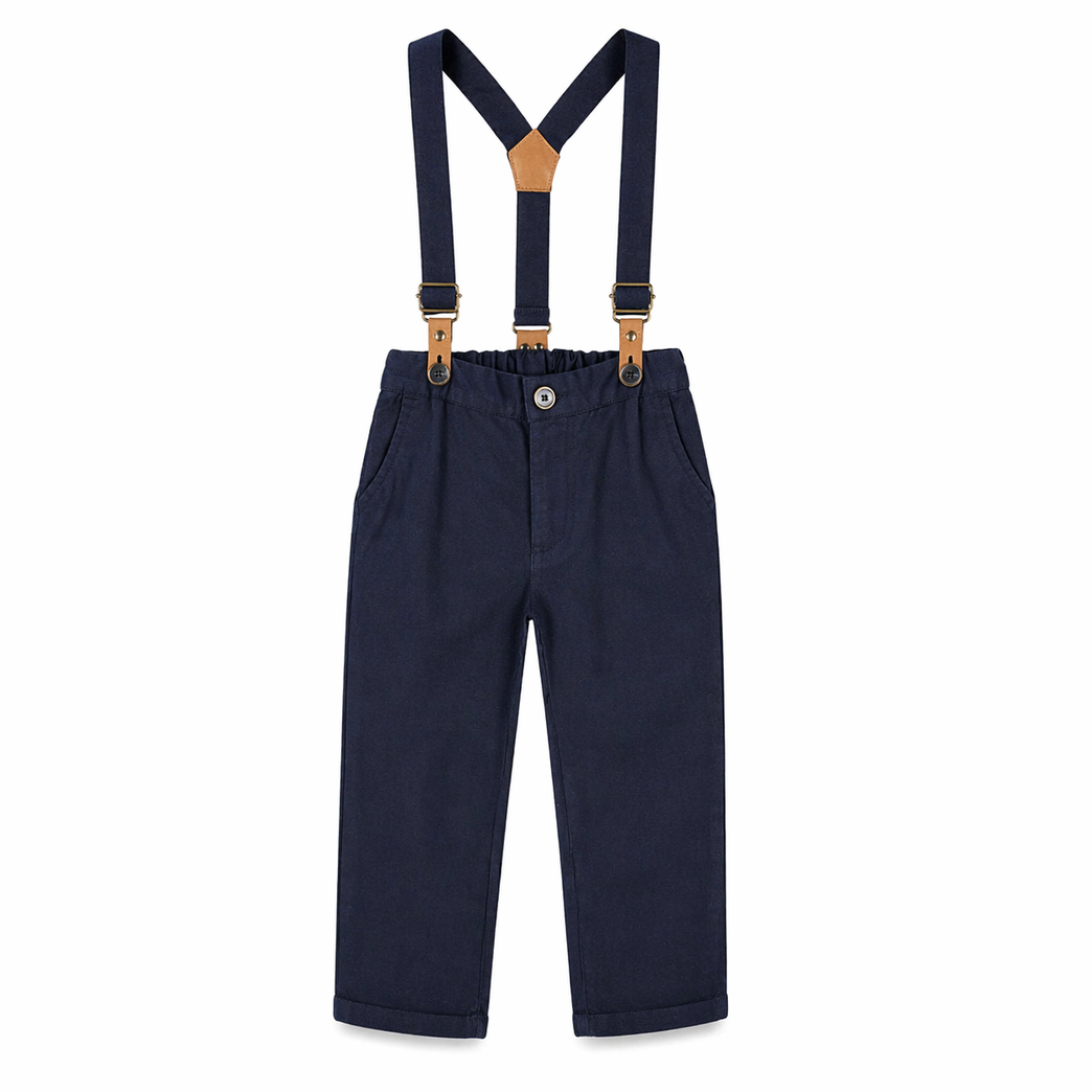Boys Nautical Print Shirt with Bow Tie & Suspender Pants Set – Stylish Kids Formal Outfit