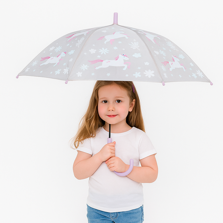 Ninos- Magical Unicorn Kids Umbrella – Pastel Pink with Floral & Pony Print (Ages 3–8)