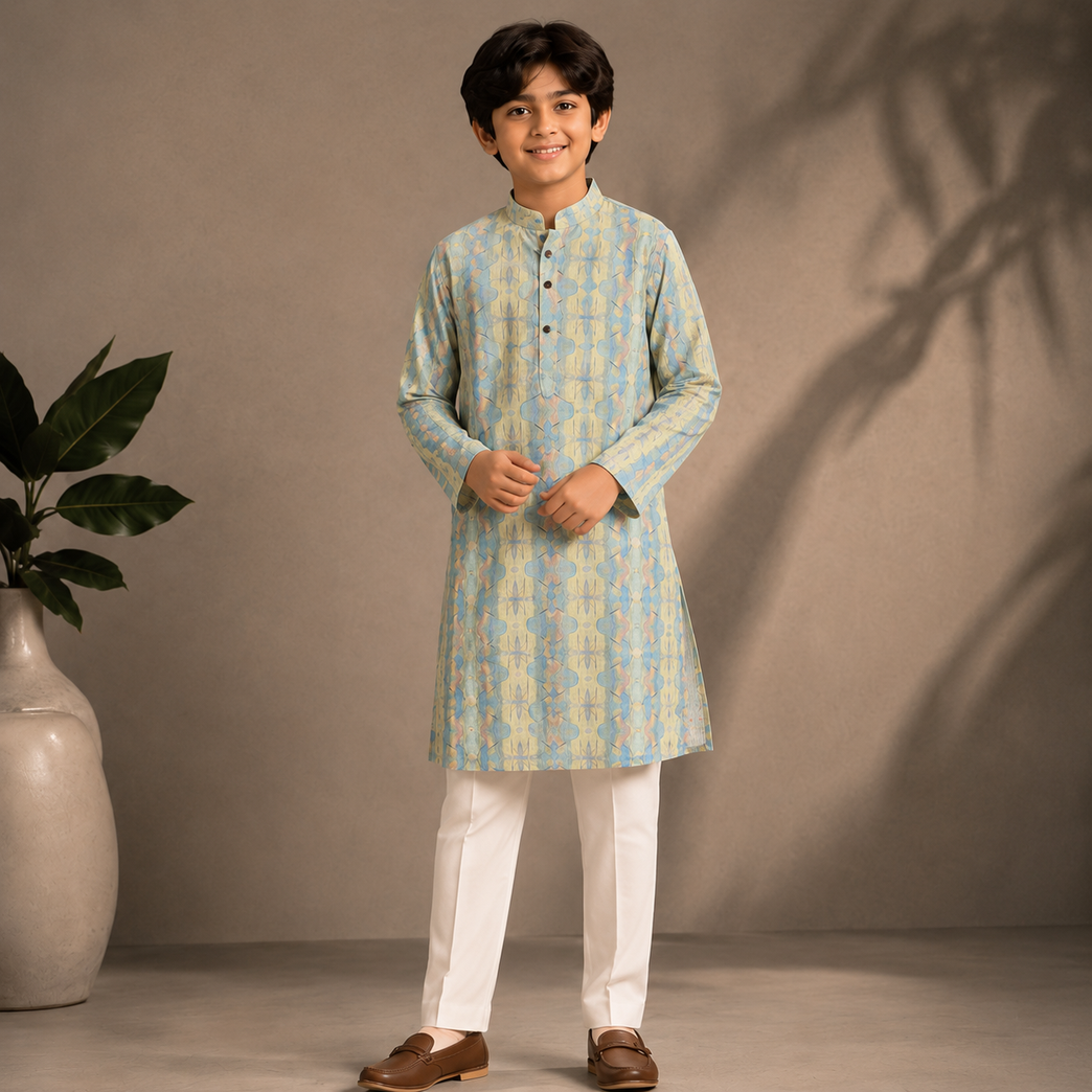 Boys Pastel Blue Printed Kurta Set – Premium Ethnic Festive Wear