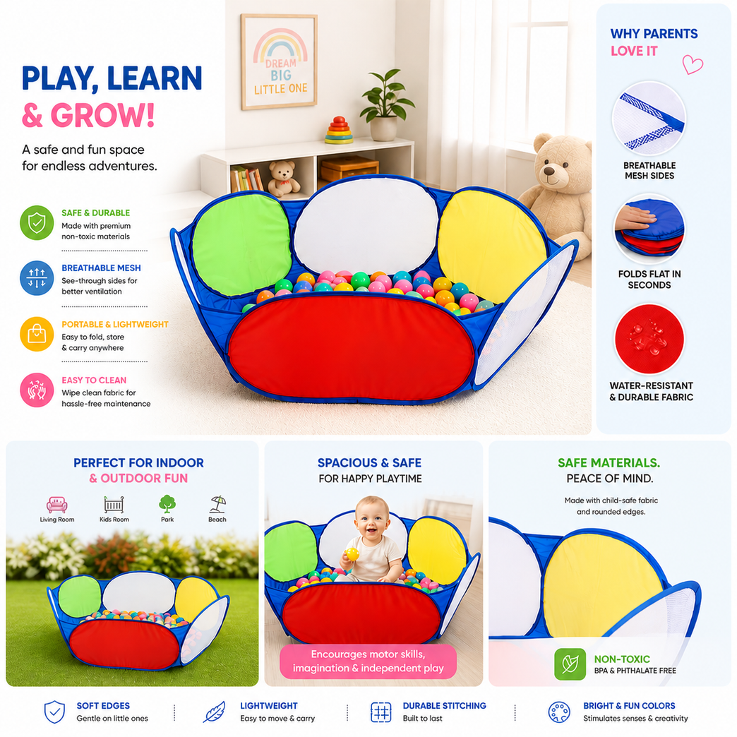 Kids Sensory Ball Pit Play Tent with 55 Balls | Foldable Indoor Outdoor Play Pool | Safe & Durable Baby Playpen | Ages 2+ Years