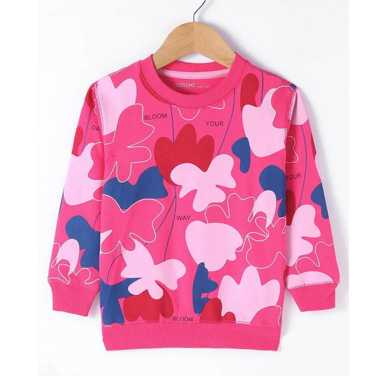 DoreMe Doreme Terry Knit Full Sleeves Sweatshirt Floral Print -Dark Pink
