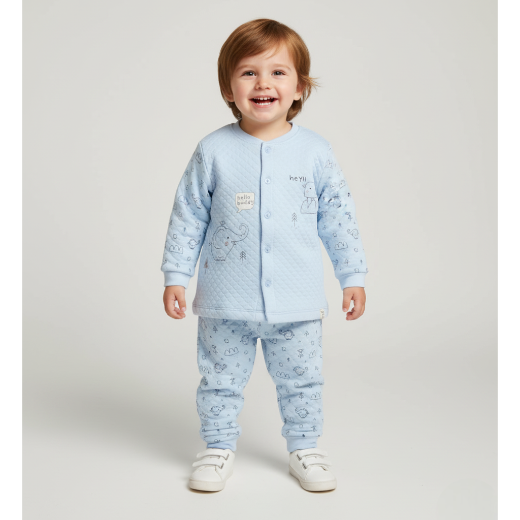 Baby Boys' Quilted Winter Pajama Set – Soft Knit, Full Sleeves, Animal Print, 2-Piece Set.