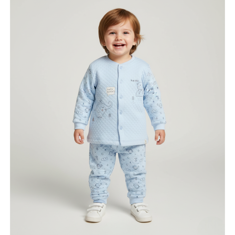 Baby Boys' Quilted Winter Pajama Set – Soft Knit, Full Sleeves, Animal Print, 2-Piece Set.