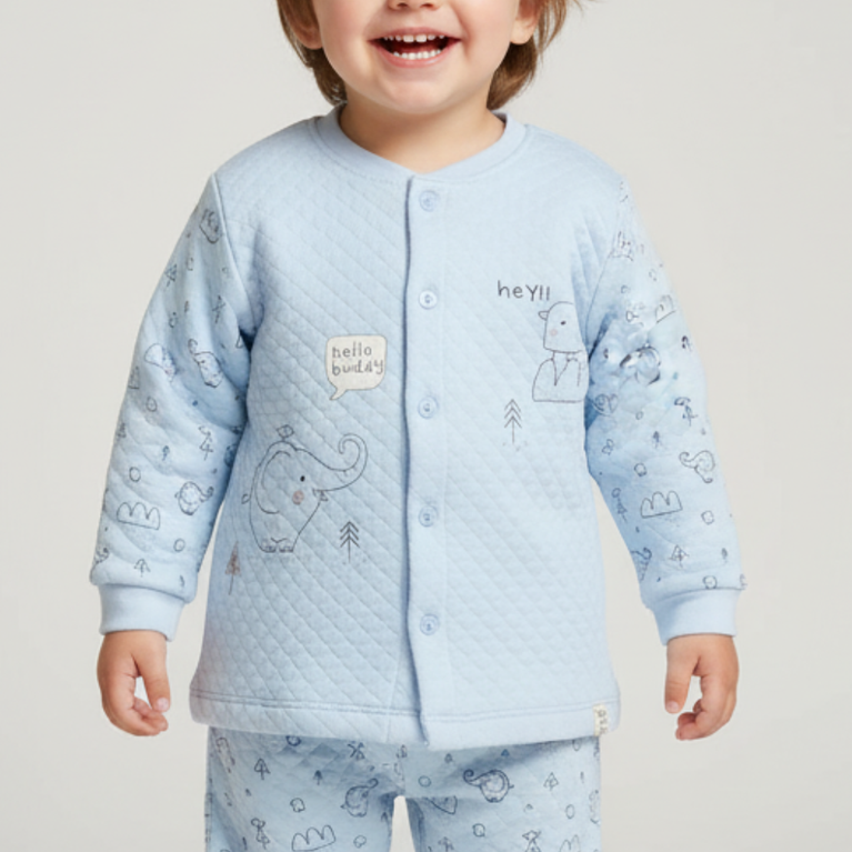 Baby Boys' Quilted Winter Pajama Set – Soft Knit, Full Sleeves, Animal Print, 2-Piece Set.