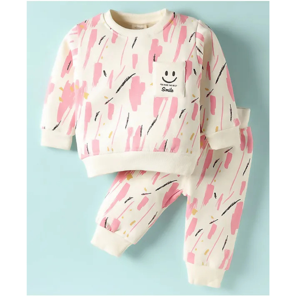 Ollypop- Fleece Knit Full Sleeves T-Shirt & Lounge Pant Set with Colour Texture