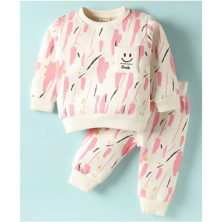 Ollypop- Fleece Knit Full Sleeves T-Shirt & Lounge Pant Set with Colour Texture