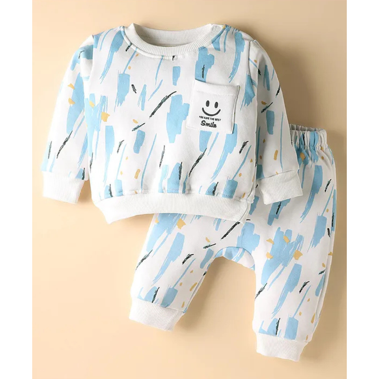 Ollypop- Fleece Knit Full Sleeves T-Shirt & Lounge Pant Set with Colour Texture