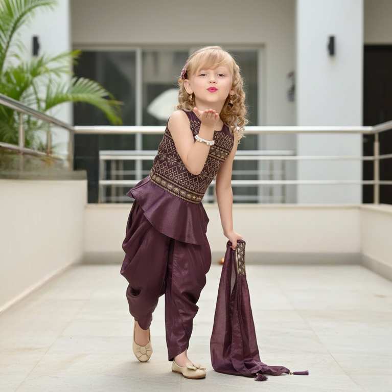 Kids Brown Embroidered Kurta with Dhoti Pant & Dupatta Set for Girls