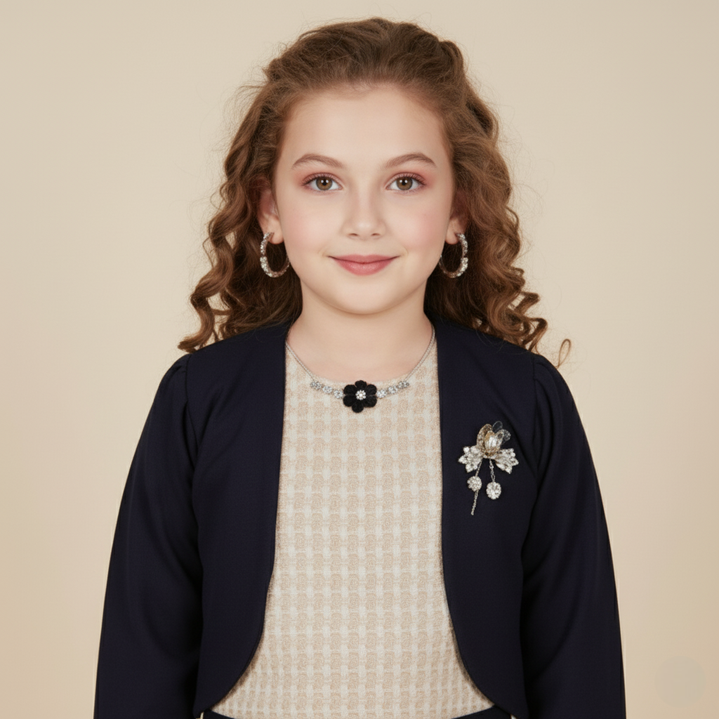 Iris Castle -Girls Beige Sheath Dress with Navy Blue Cropped Jacket