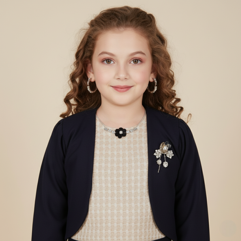 Iris Castle -Girls Beige Sheath Dress with Navy Blue Cropped Jacket