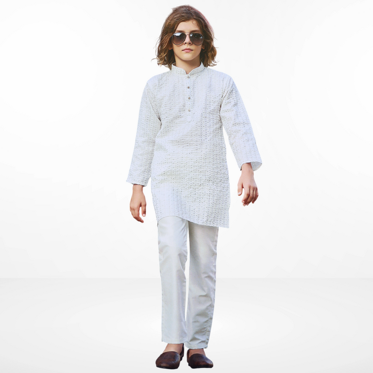 Boys Geometric Woven Design Mandarin Collar Straight Kurta With Pyjamas