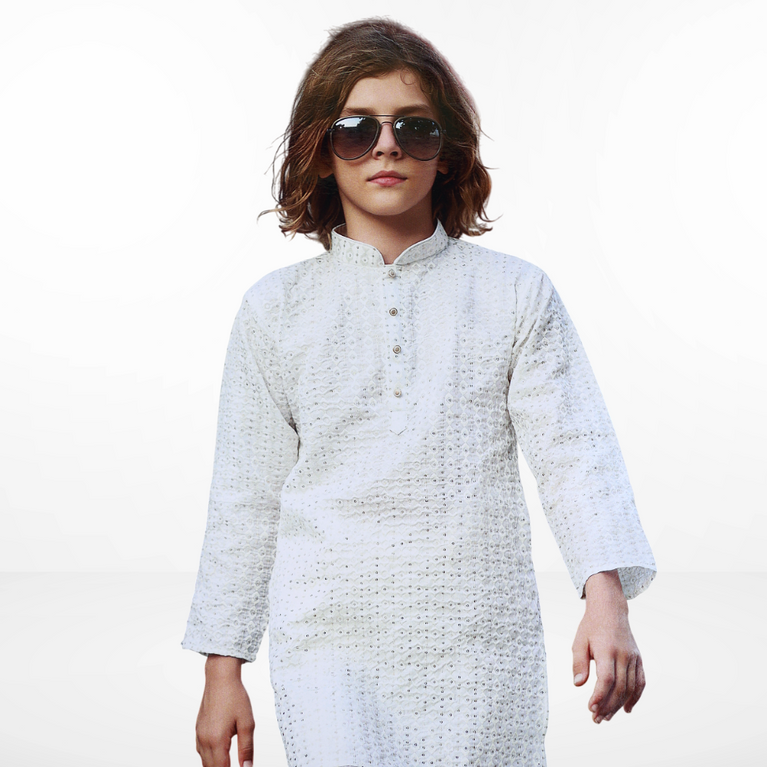 Boys Geometric Woven Design Mandarin Collar Straight Kurta With Pyjamas