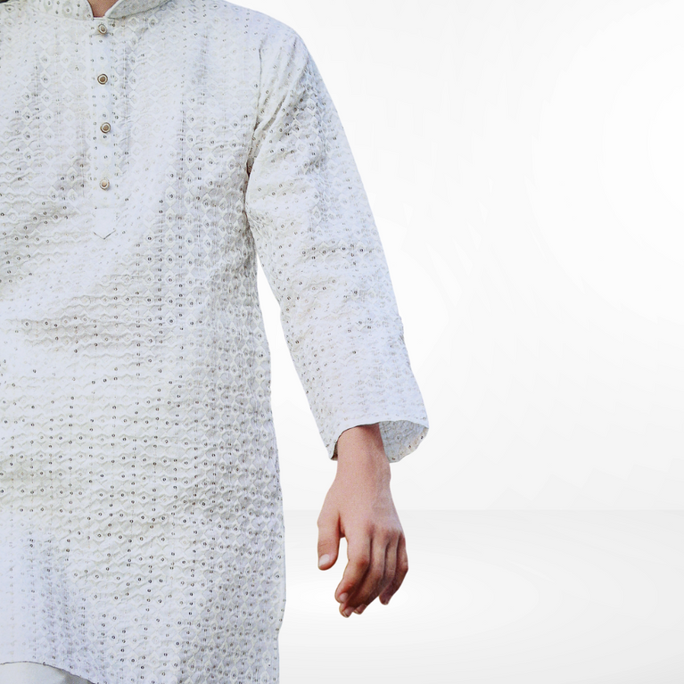 Boys Geometric Woven Design Mandarin Collar Straight Kurta With Pyjamas