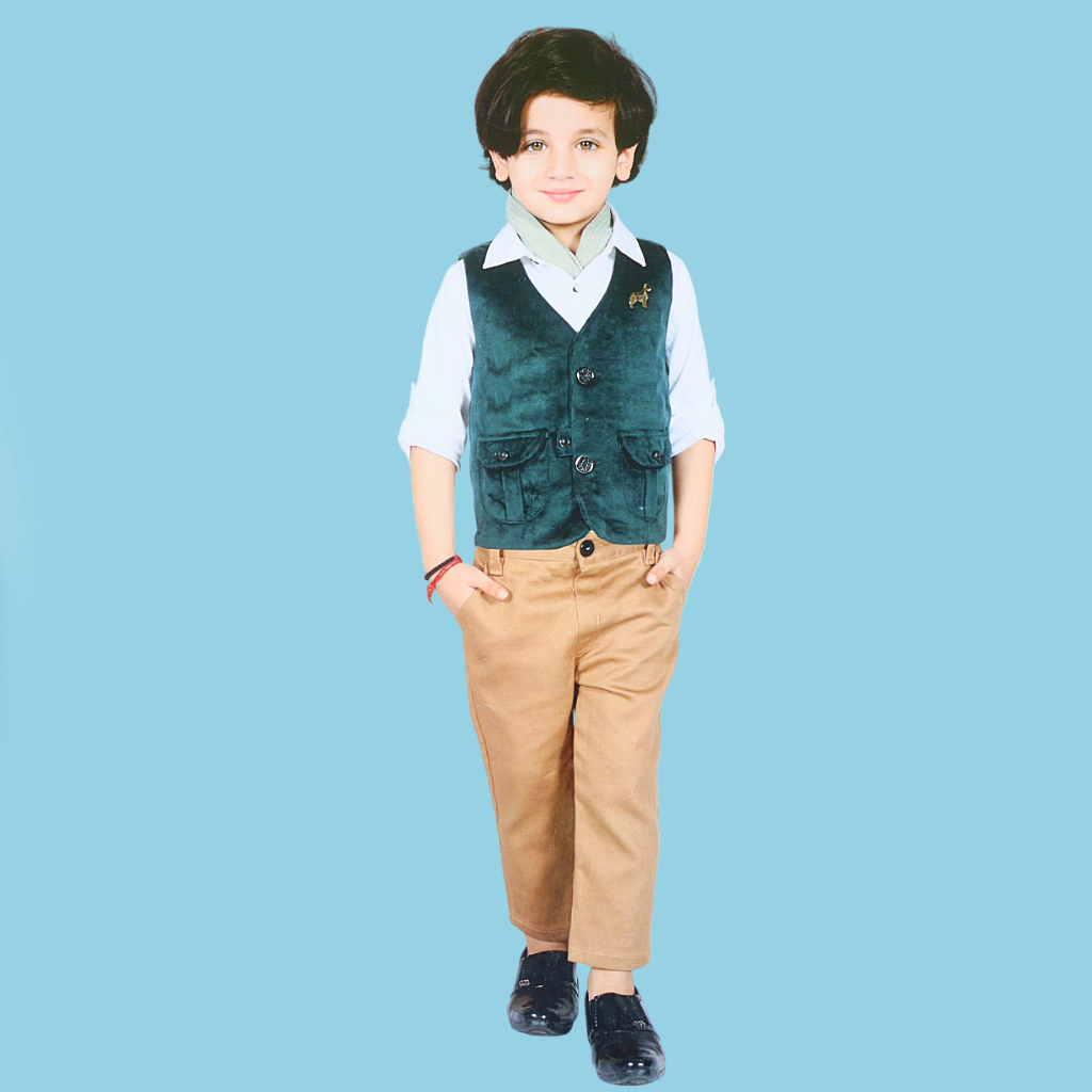 Nachos Clothing Set for Baby Boys- Jacket,Pant,White Shirt & Moflar
