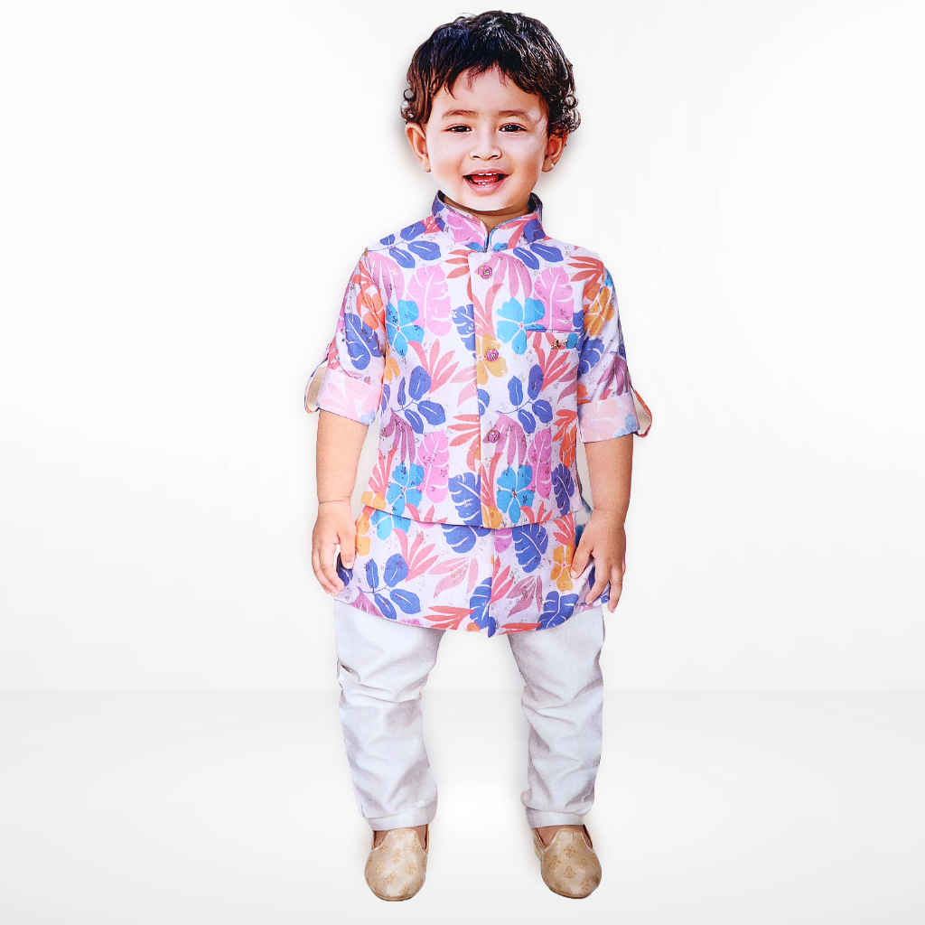 Boys Floral Printed Cotton Straight Kurta With Pants & Nehru jacket