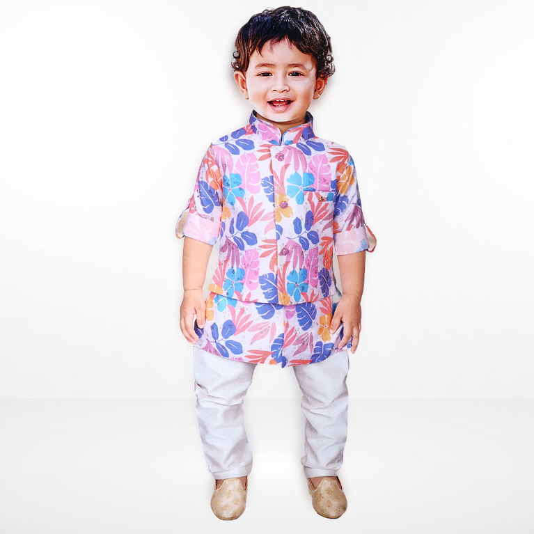 Boys Floral Printed Cotton Straight Kurta With Pants & Nehru jacket