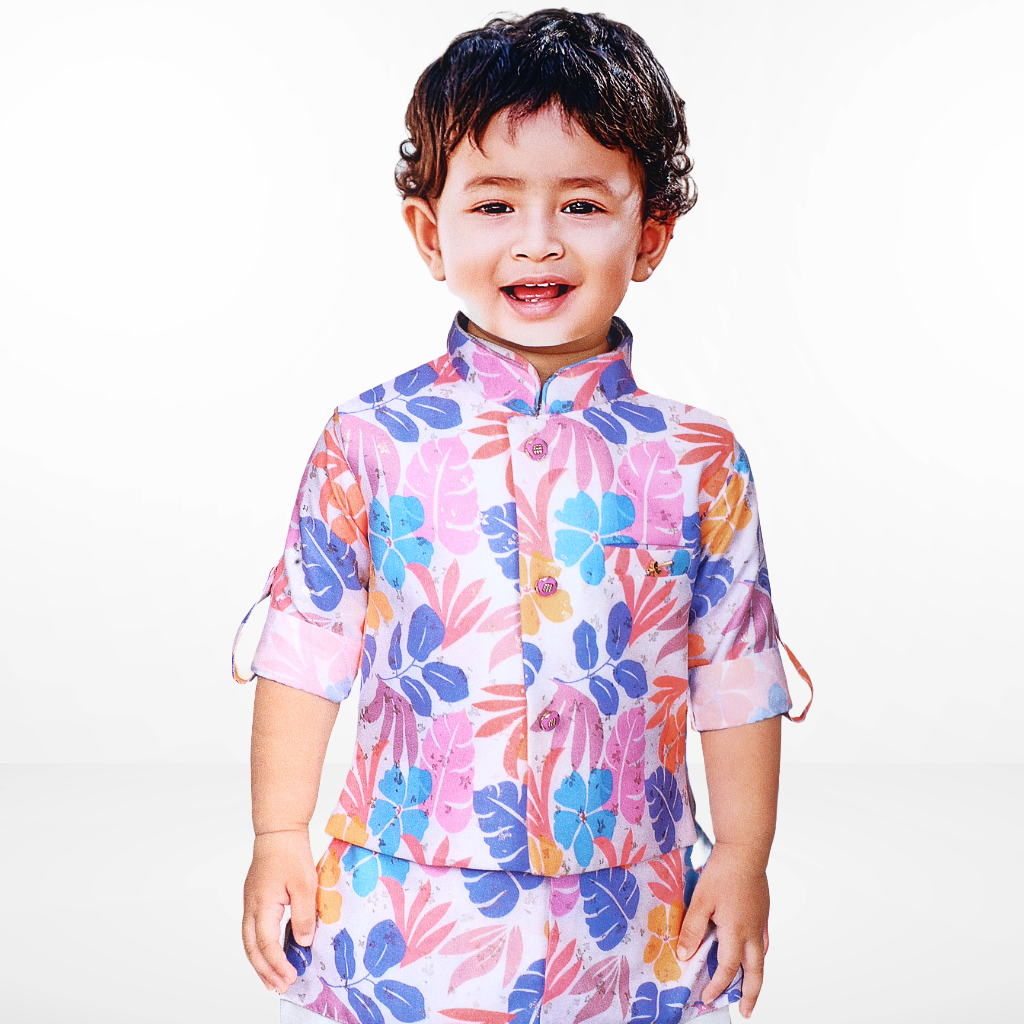 Boys Floral Printed Cotton Straight Kurta With Pants & Nehru jacket