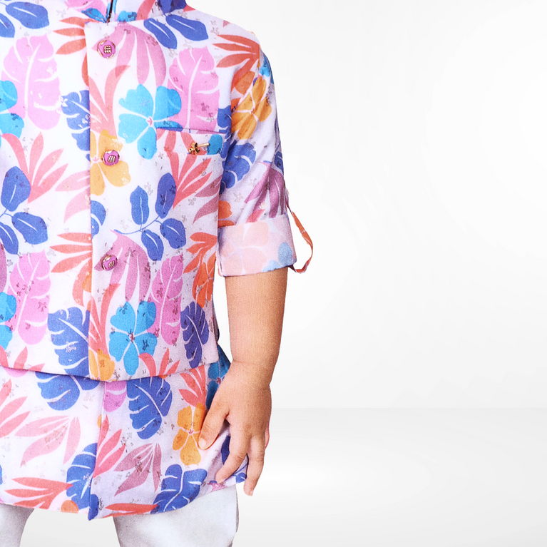 Boys Floral Printed Cotton Straight Kurta With Pants & Nehru jacket