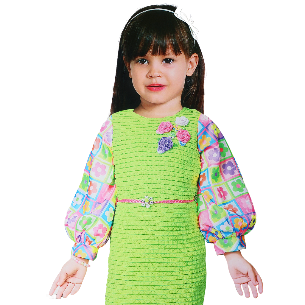 Green Knitted A-Line Dress with Floral Embroidered Organza Sleeve