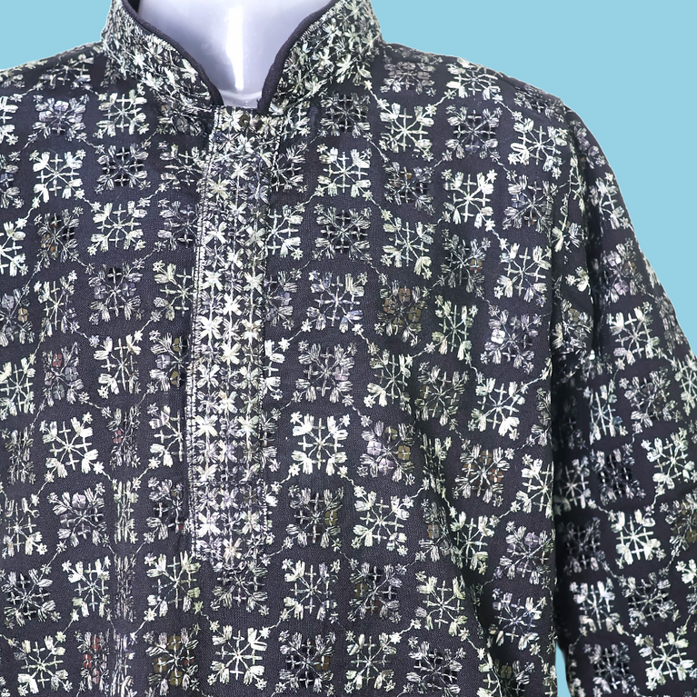 Boys Geometric floral Woven Design Mandarin Collar Straight Kurta With Pyjamas