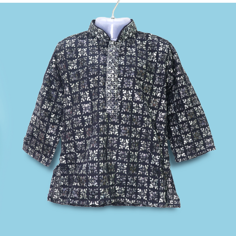 Boys Geometric floral Woven Design Mandarin Collar Straight Kurta With Pyjamas