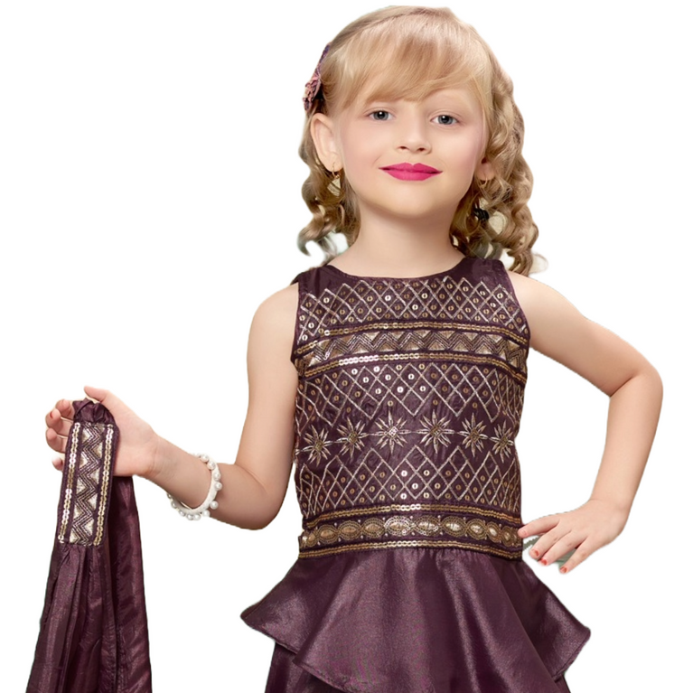 Kids Brown Embroidered Kurta with Dhoti Pant & Dupatta Set for Girls