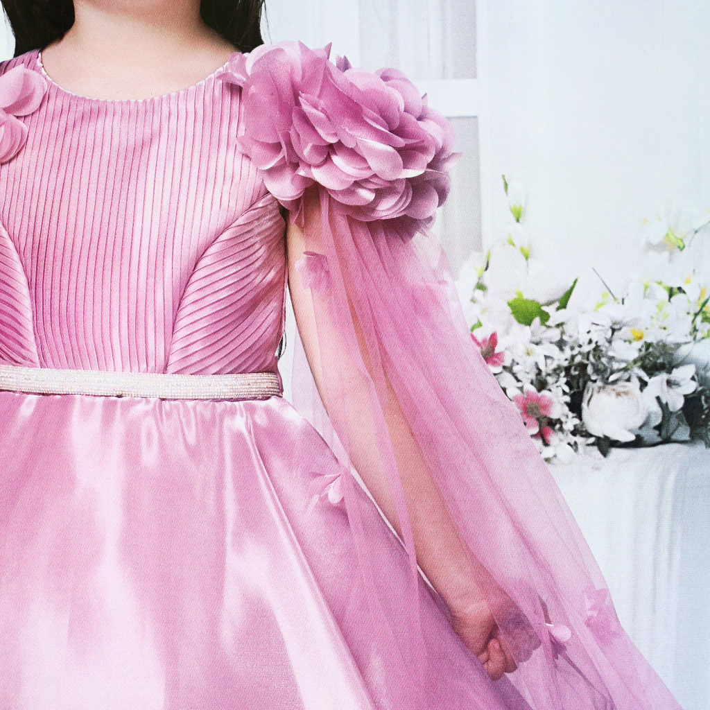 Panicky Half Sleeve Party Gown with Floral Applique - Pink