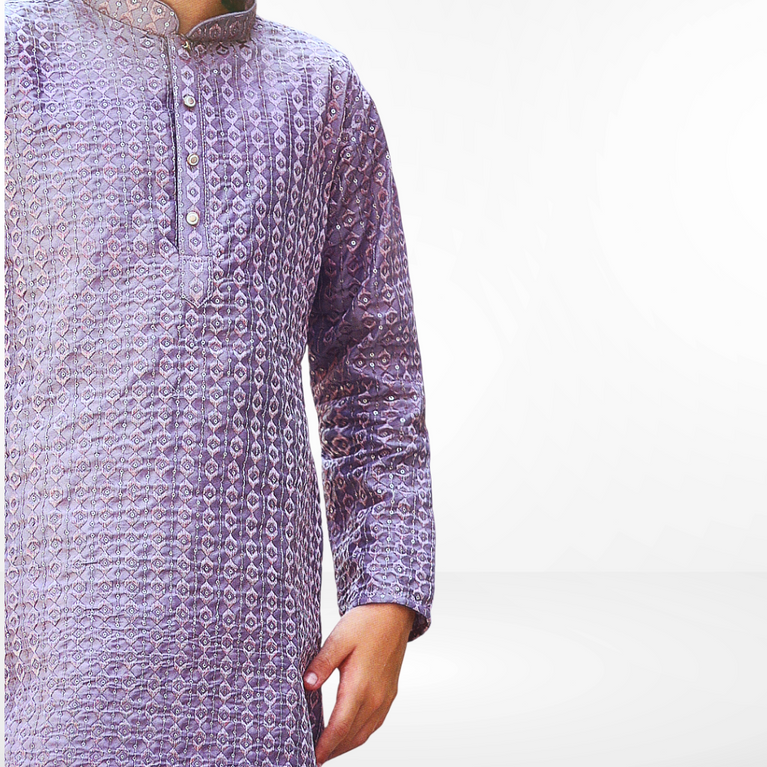 Boys Geometric Woven Design Mandarin Collar Straight Kurta With Pyjamas