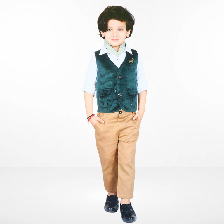 Nachos Clothing Set for Baby Boys- Jacket,Pant,White Shirt & Moflar