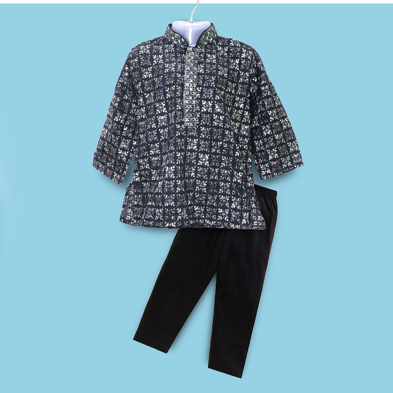 Boys Geometric floral Woven Design Mandarin Collar Straight Kurta With Pyjamas