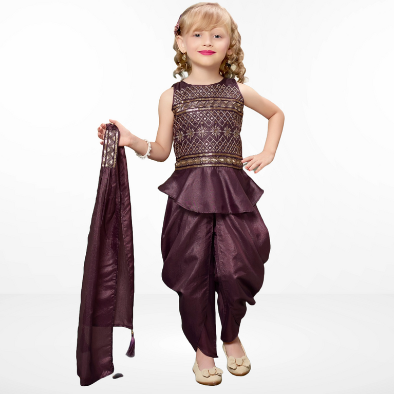 Kids Brown Embroidered Kurta with Dhoti Pant & Dupatta Set for Girls