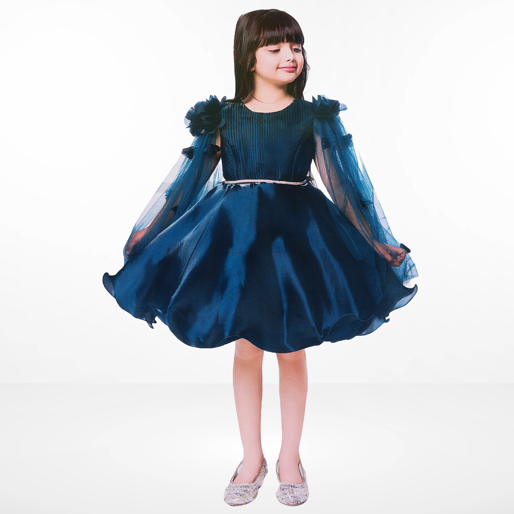 Teal Blue Frock With Floral Embellished And Sequin For Girls