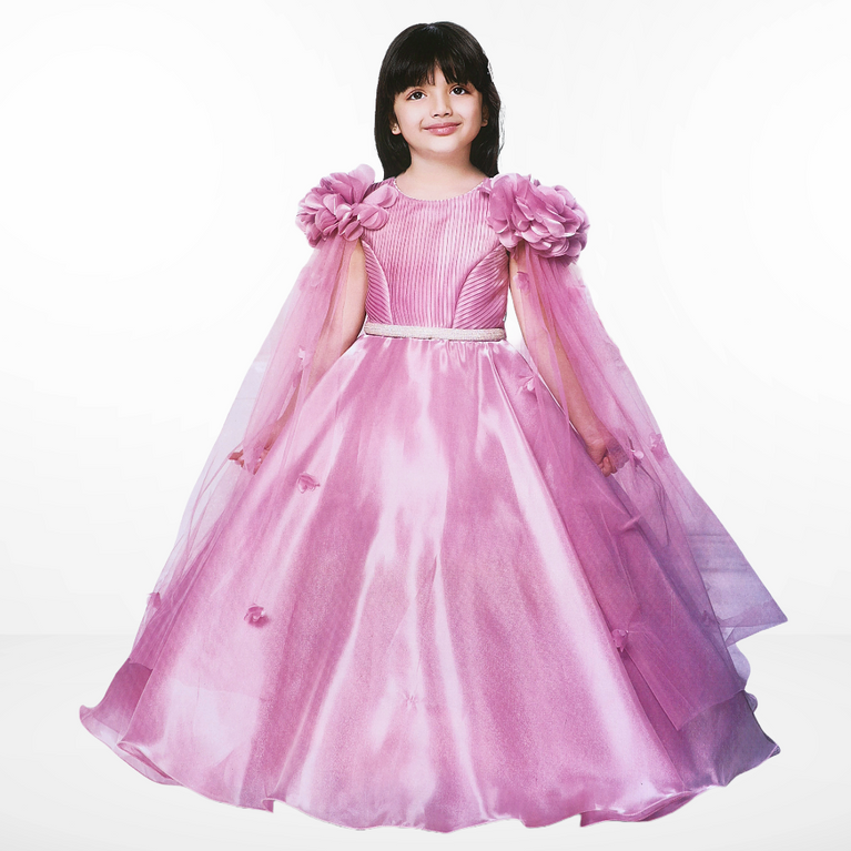 Panicky Half Sleeve Party Gown with Floral Applique - Pink