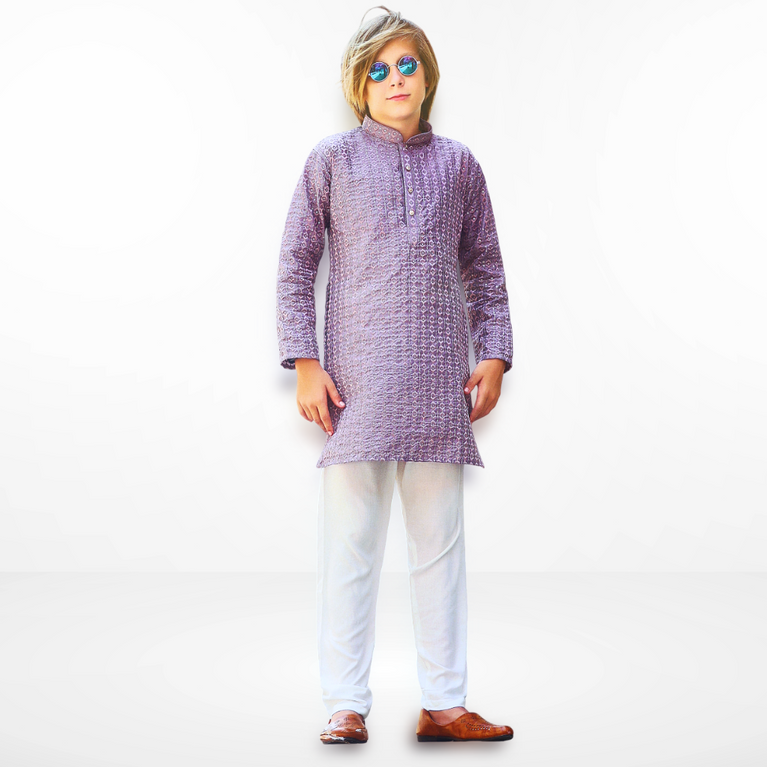 Boys Geometric Woven Design Mandarin Collar Straight Kurta With Pyjamas