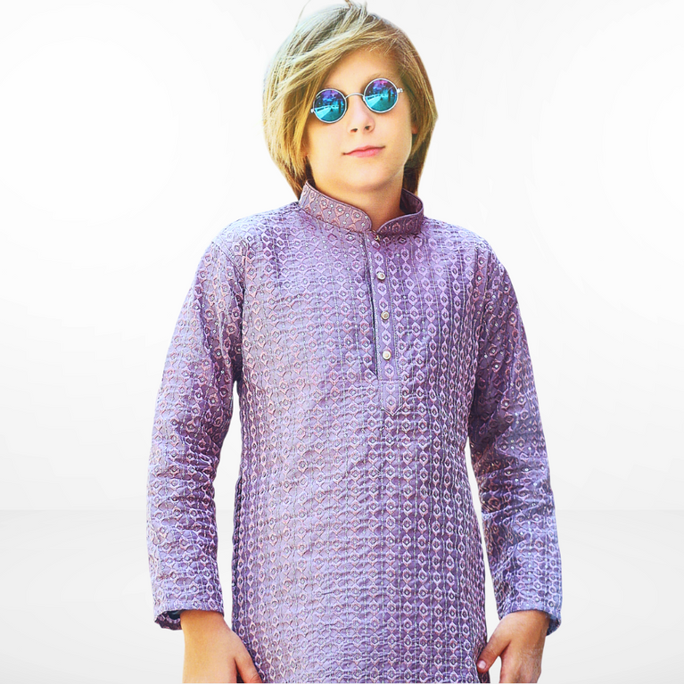 Boys Geometric Woven Design Mandarin Collar Straight Kurta With Pyjamas