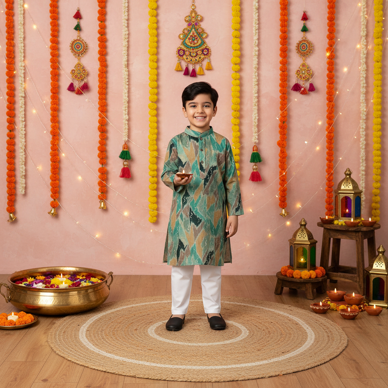 Ninos-Mandarin Collar Beautiful Texture Printed Full Sleeves Regular Kurta Pajama Set