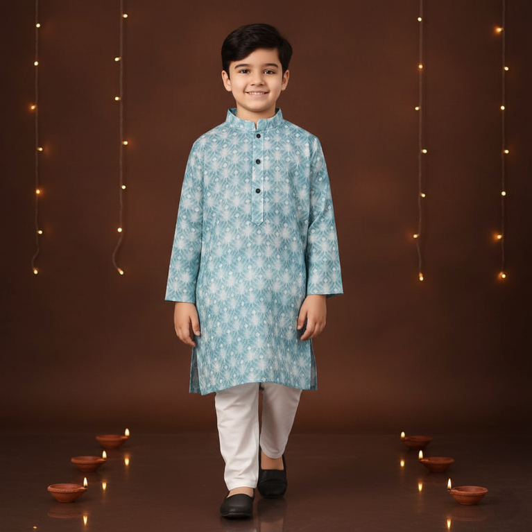 Ninos-Mandarin Collar Geometric Texture Printed Full Sleeves Regular Kurta Pajama Set