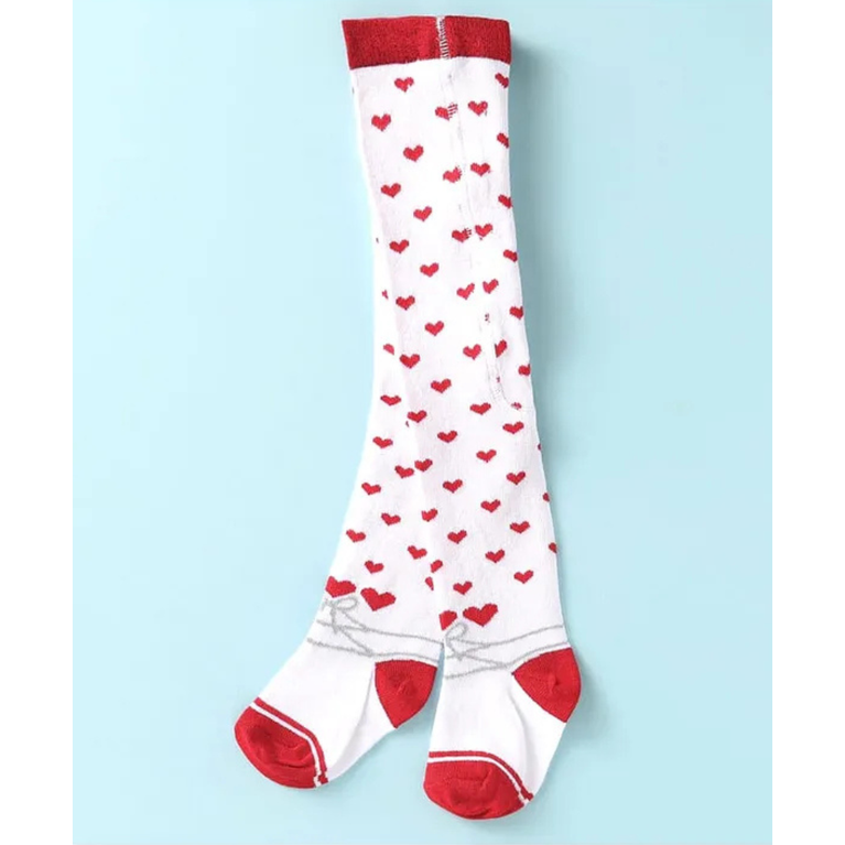 ToffyHouse Cotton Knit Full Sleeves Winter Sweater Dress With Heart Patch & Stockings - Red & White