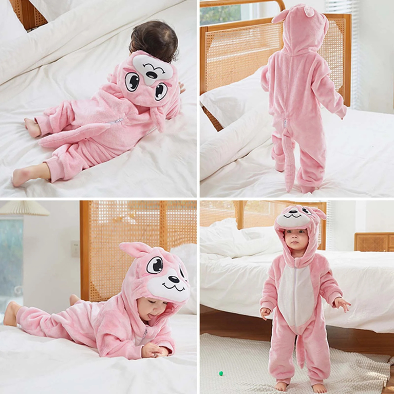Michley- Unisex Baby Winter Hooded Romper Flannel Bunny Style Stitch Animal Long Sleeves Zip Cosplay Dress