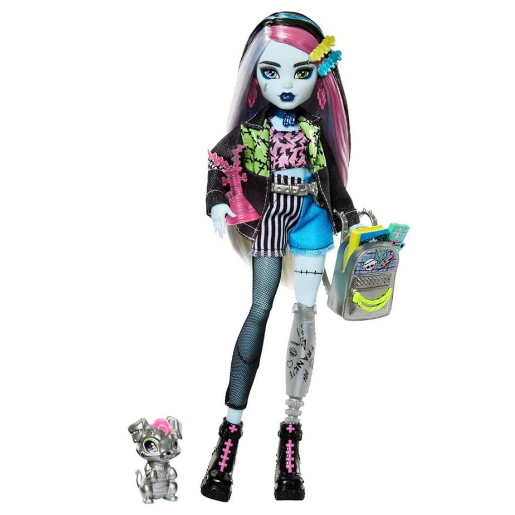 Monster High Frankie Stein Doll in Denim Jacket and Shorts, Includes Pet Dog Watzie and Accessories Like a Backpack, Snack and Notebook