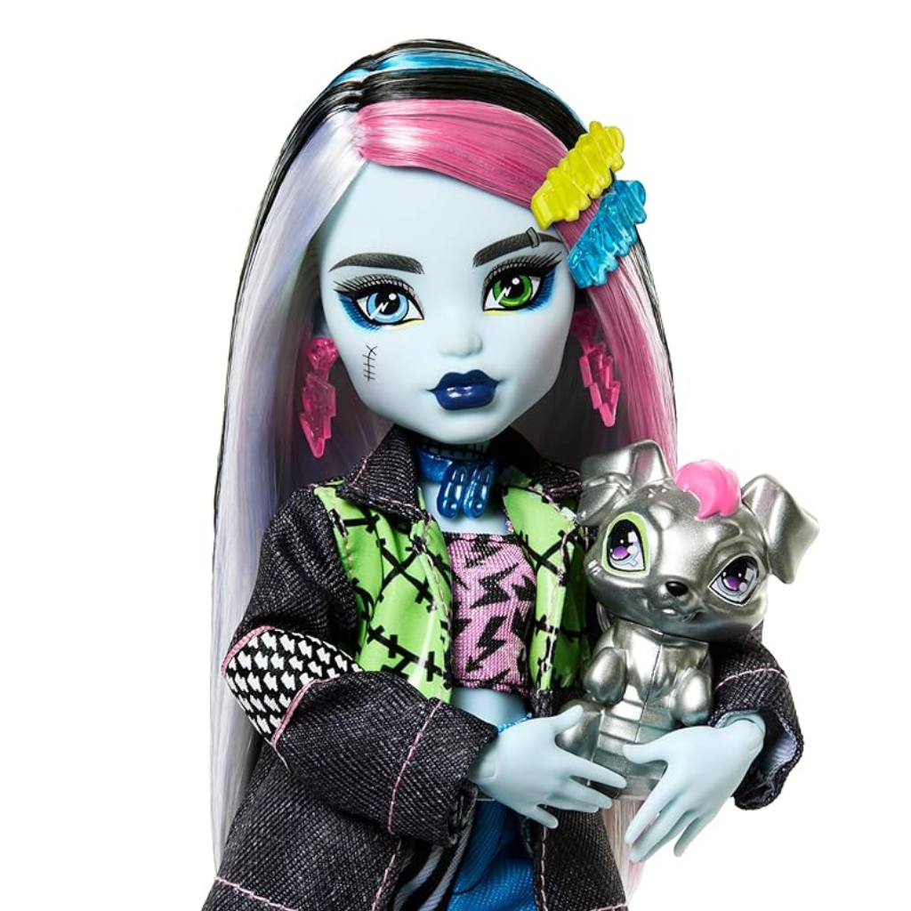 Monster High Frankie Stein Doll in Denim Jacket and Shorts, Includes Pet Dog Watzie and Accessories Like a Backpack, Snack and Notebook